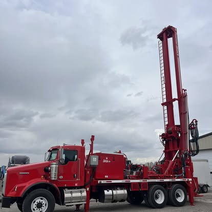 Red drilling truck ready for operation